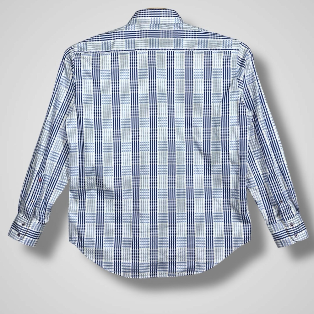 Robert Graham Shirt Mens XL Blue Plaid Check Long Sleeve Funky Crazy Flip Cuff - Picture 3 of 14